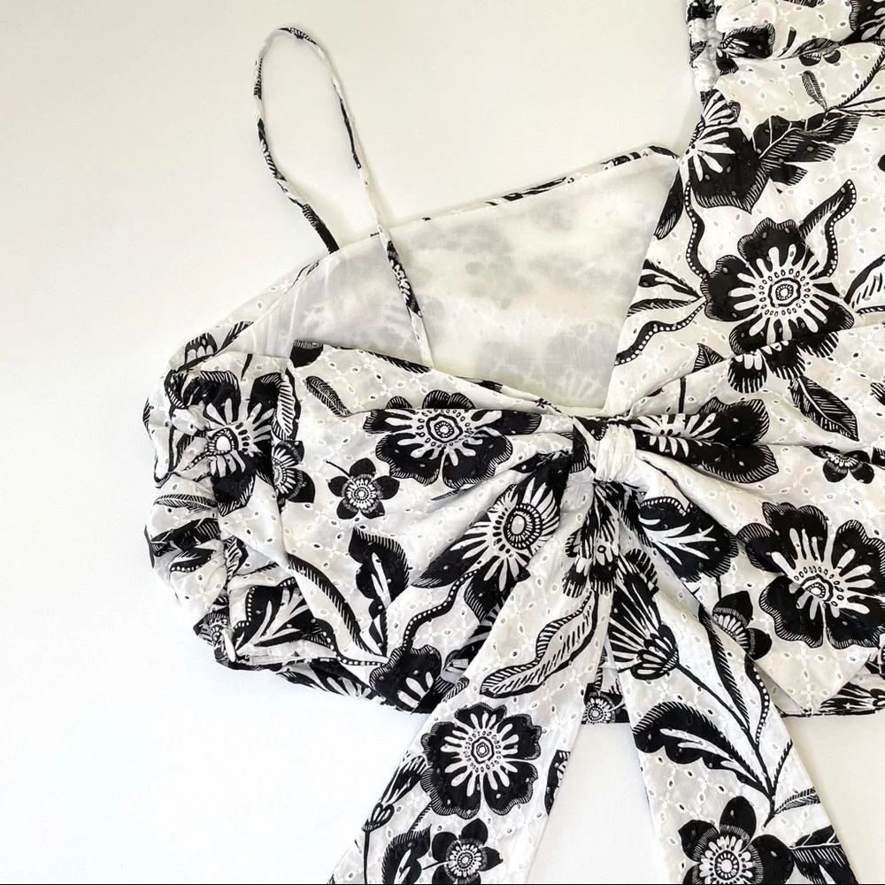 NWT Anthropologie Maeve One Shoulder Black White Floral Eyelet Bow Back Blouse